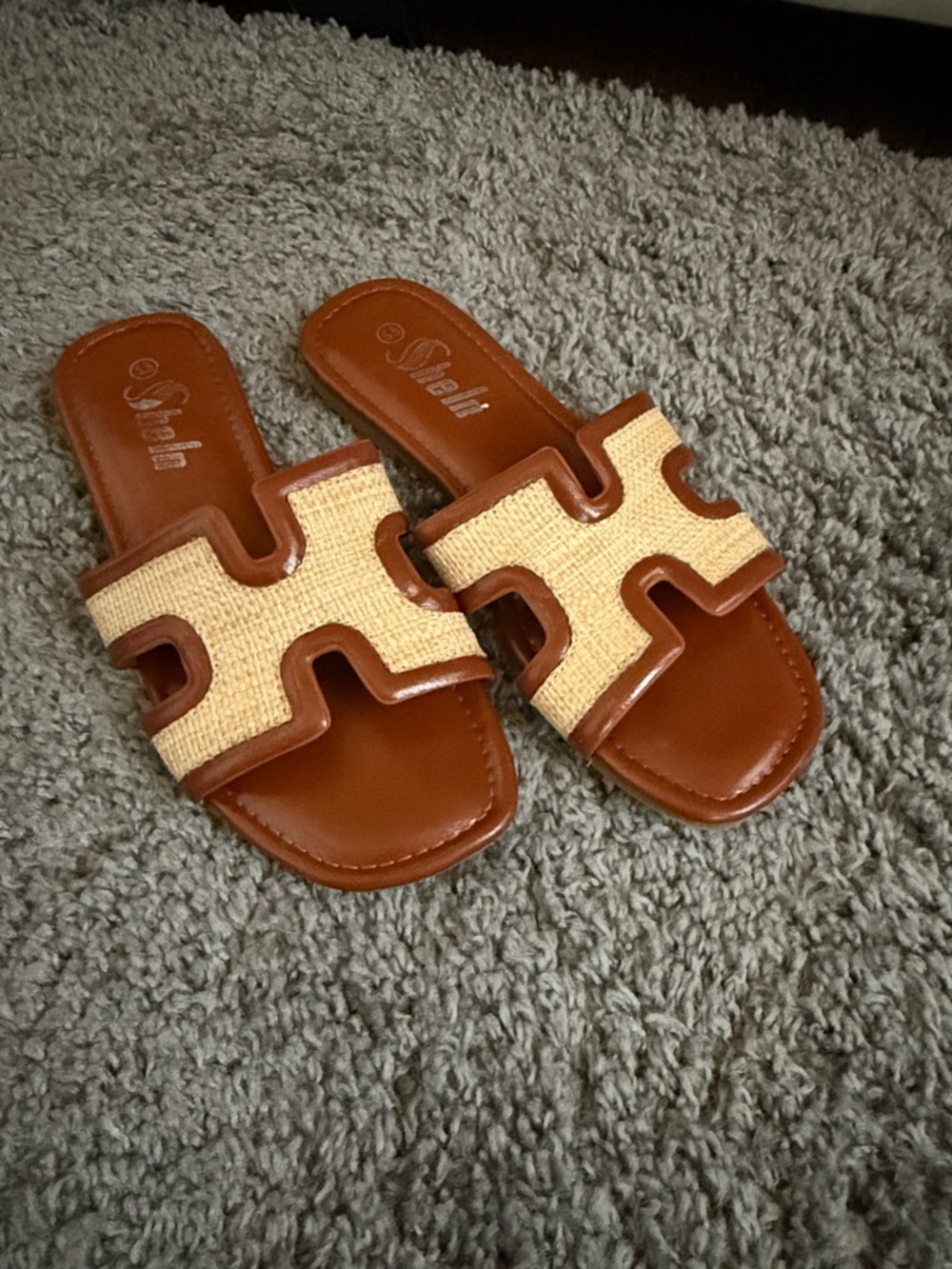 Neutral Brown Raffia Slide Sandals - Comfort Women's Slides